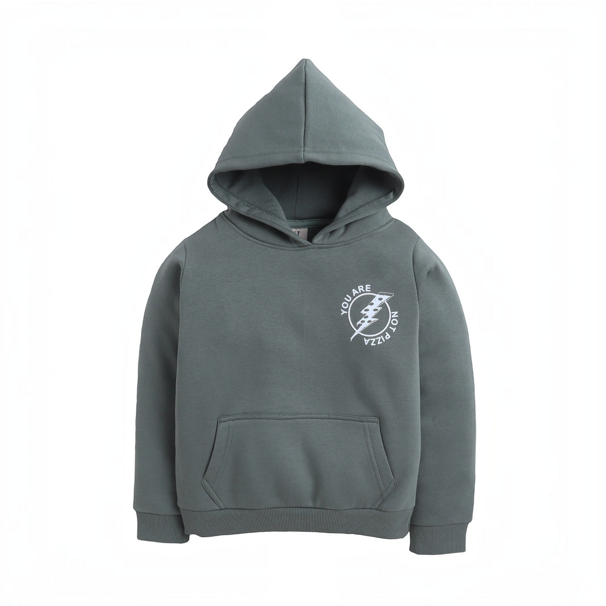 victor and jane boys olive green hoodie with a white lightning bolt graphic print and front kangaroo pocket