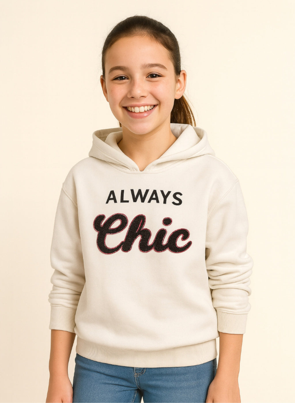 Œalways Chic” Hoodie For Girls “ Off-White | 100% Cotton Fleece |