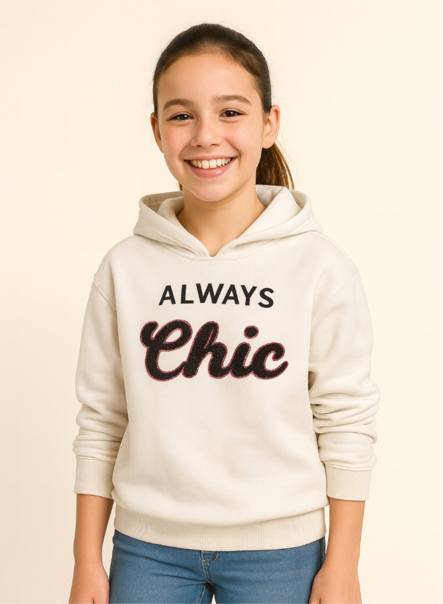 “Always Chic” Hoodie for Girls – Off-White | 100% Cotton Fleece |