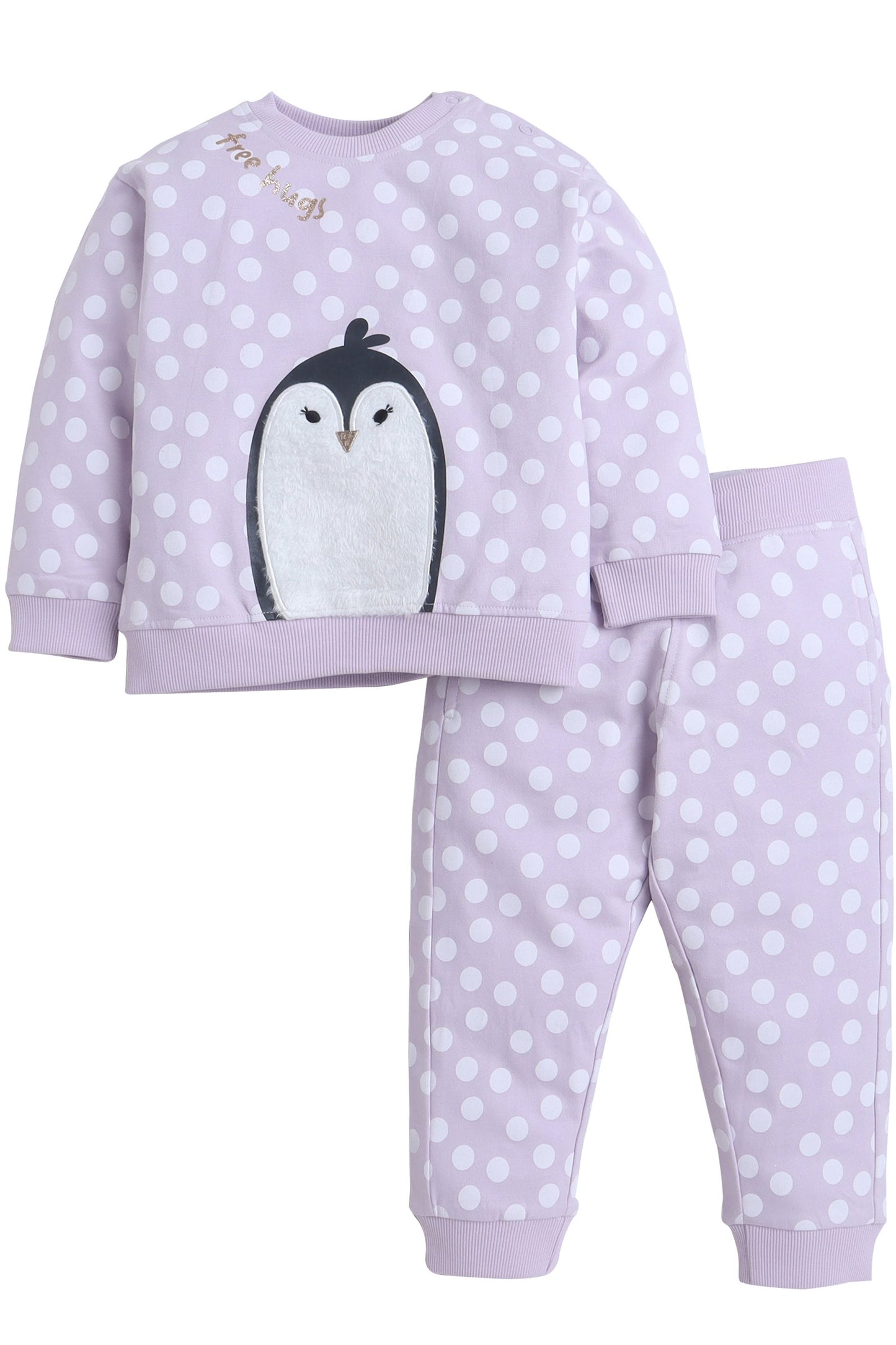 Baby Girl Penguin Appliqué Fleece Tracksuit – Lilac Polka-Dot 2-Piece Set