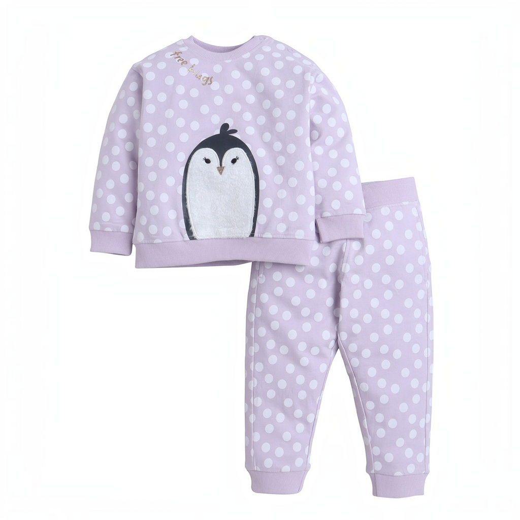 victor and jane 2-piece girl's set featuring a lavender polka dot sweatshirt with a penguin and matching joggers