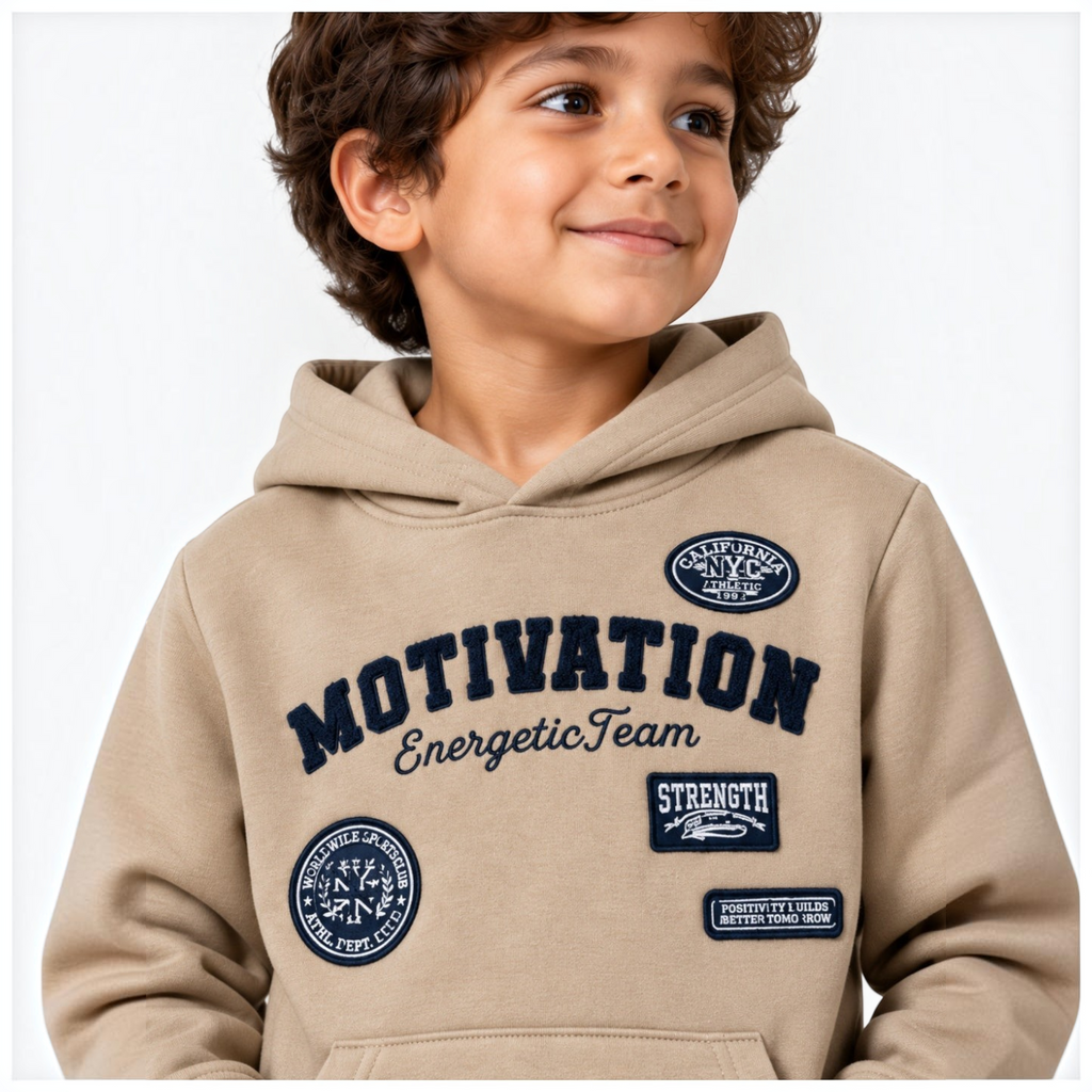 victor and jane boys beige fleece hoodie with navy blue embroidered motivation and athletic patches
