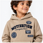 victor and jane boys beige fleece hoodie with navy blue embroidered motivation and athletic patches