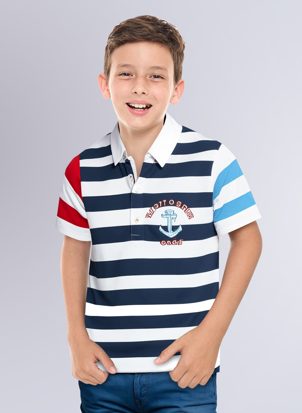 Victor & Jane Cotton Racing Embroidered & Striped Short Sleeves Polo T-Shirt - Blue/White/Red