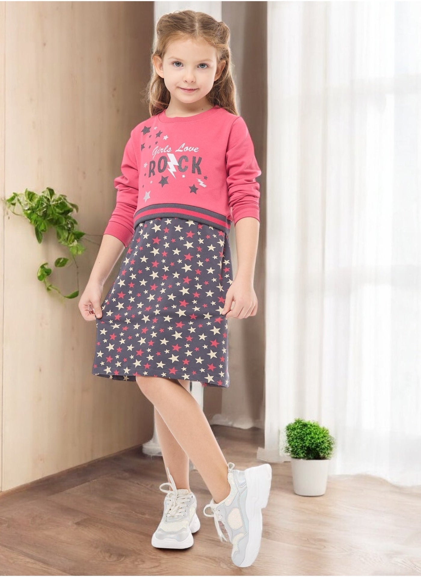 Glitter Printed Colour Blocking Contrast Rib Winter Dress