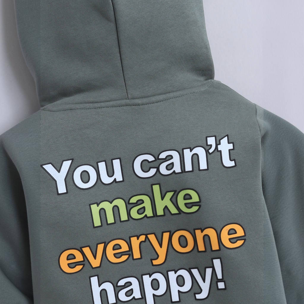 victor and jane boys olive green hoodie with You can't make everyone happy text printed on the back