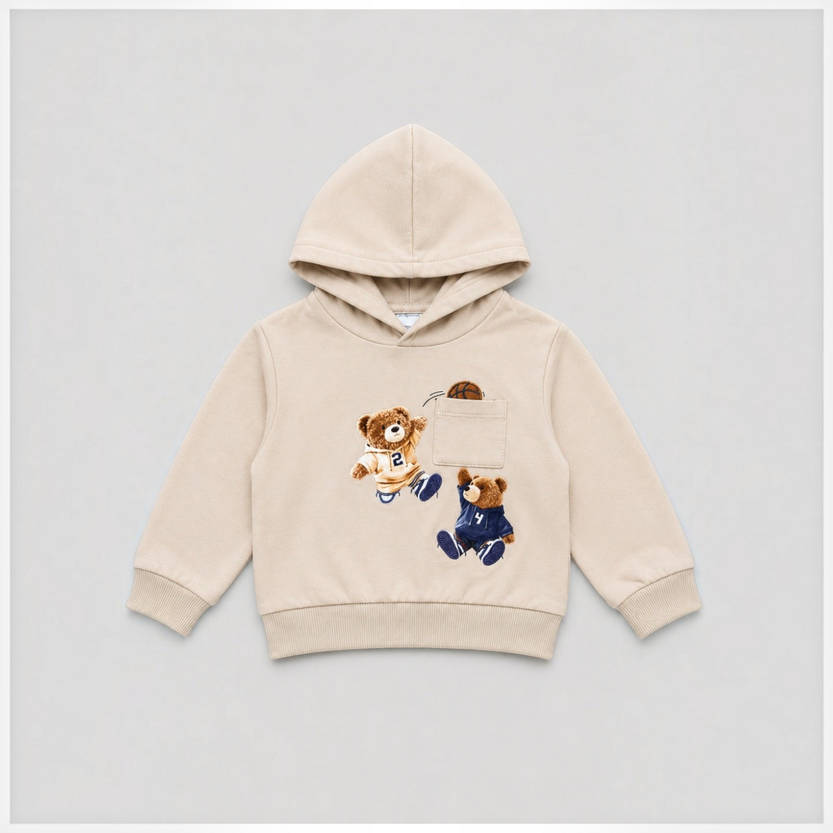 victor and jane beige cotton-blend hoodie featuring a playful basketball bear graphic print and front pocket
