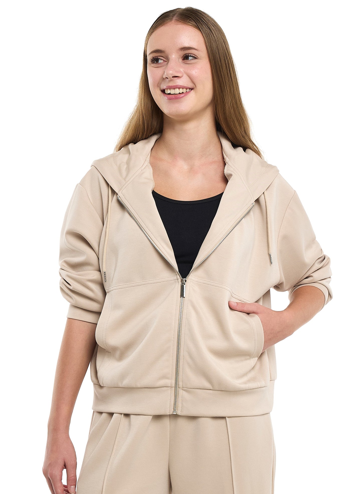 Ladies 2 Piece Set- Beige Zip-Up Hoodie & Wide-Leg Trousers Set