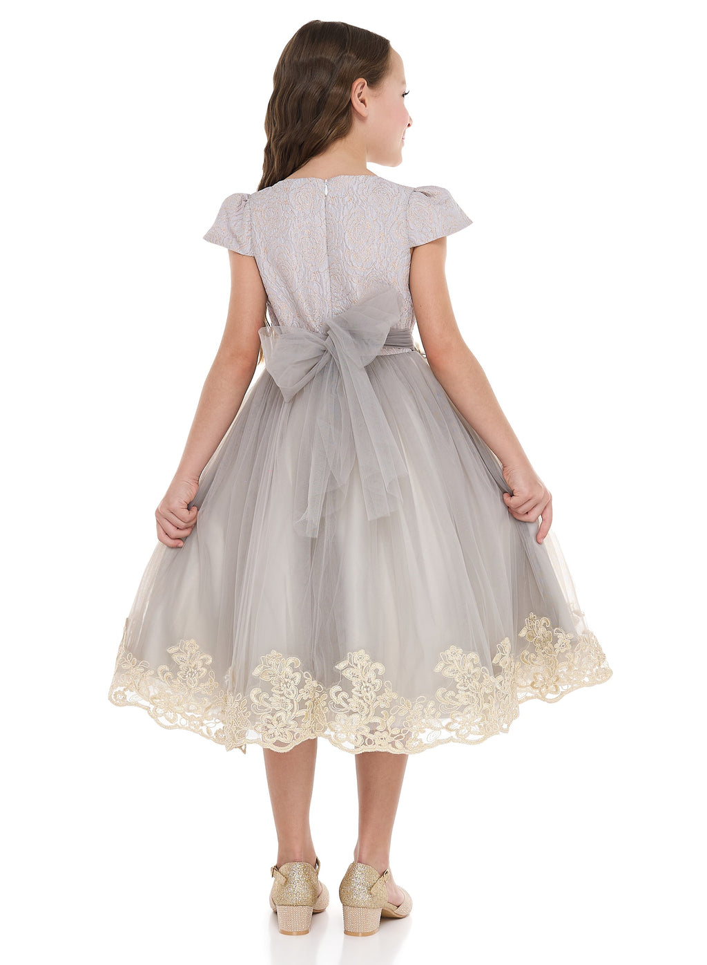 Grey/Gold Jacquard And Tulle Dres With Lace