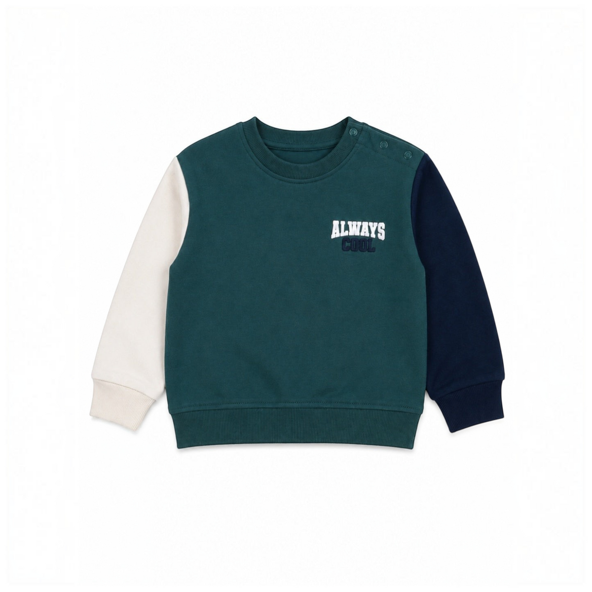 victor and jane boys colour-block sweatshirt in green, cream, and navy cotton french terry with Always Cool graphic