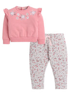 Dirkje Cotton Floral Embroidered Full Sleeves Sweatshirt & Joggers Set - Coral And Beige