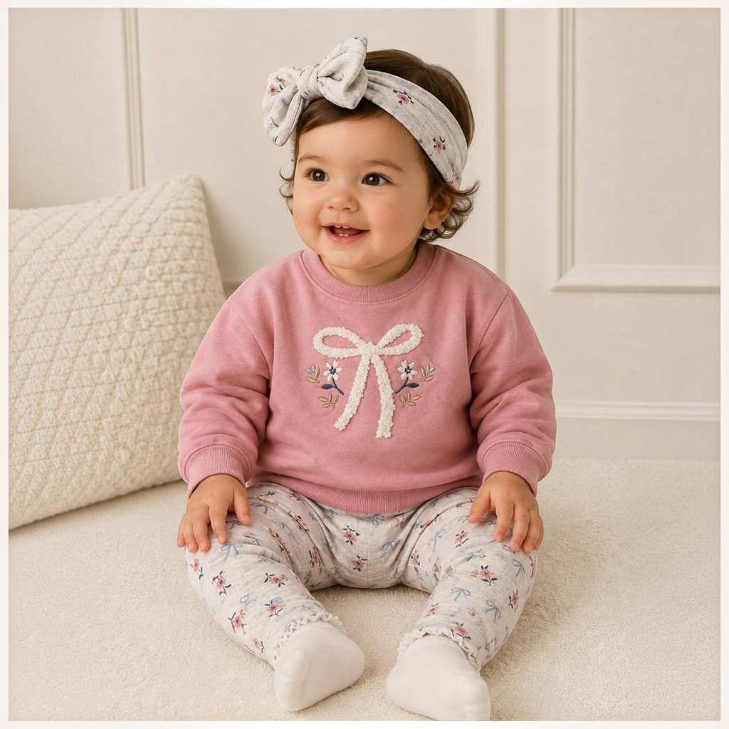 victor and jane baby girl pink sweatshirt with bow graphic, floral printed pants, and matching headband set