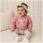 victor and jane baby girl pink sweatshirt with bow graphic, floral printed pants, and matching headband set