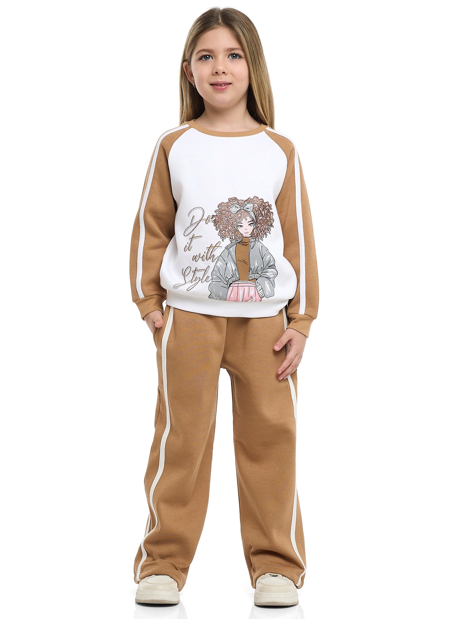 Girls Do It with Style Fleece Tracksuit – Cream & Brown 2-Piece Set