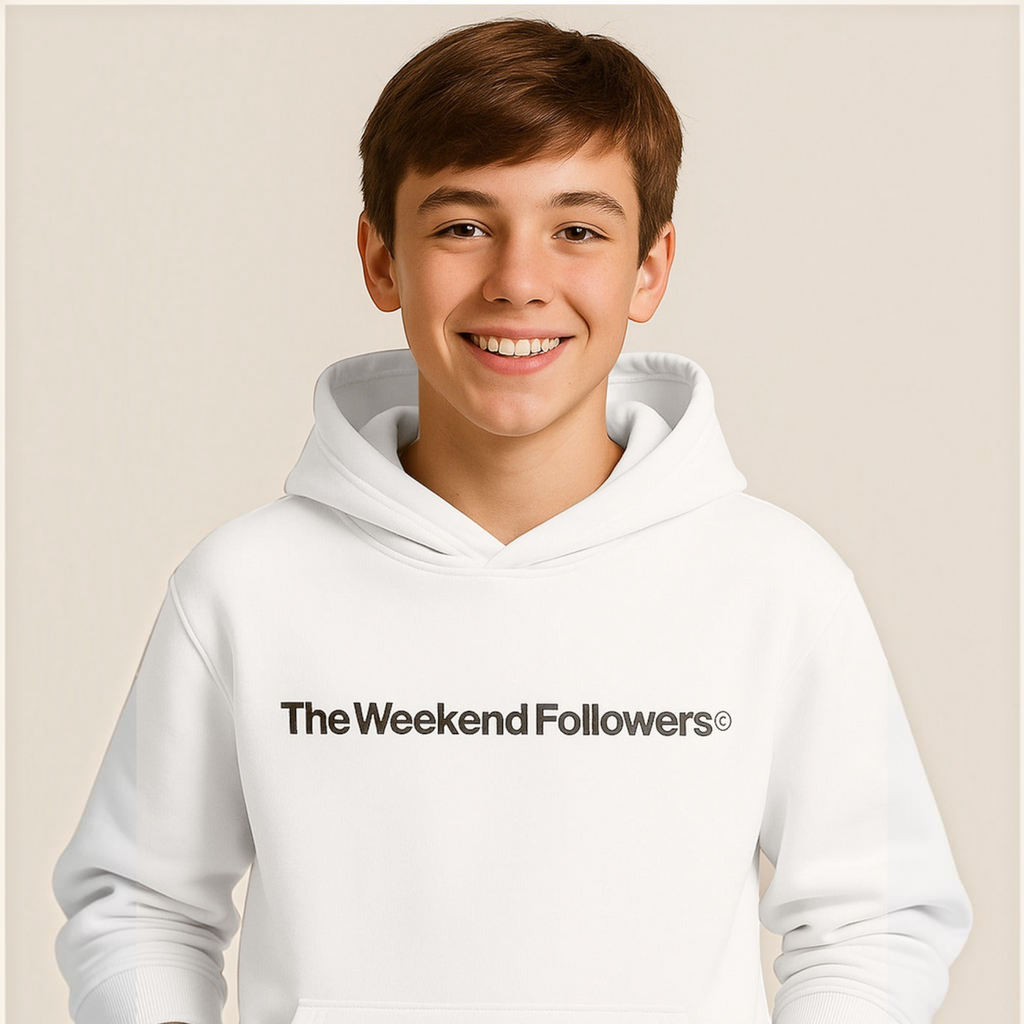 victor and jane boys white graphic hoodie with The Weekend Followers text print worn by a smiling young boy