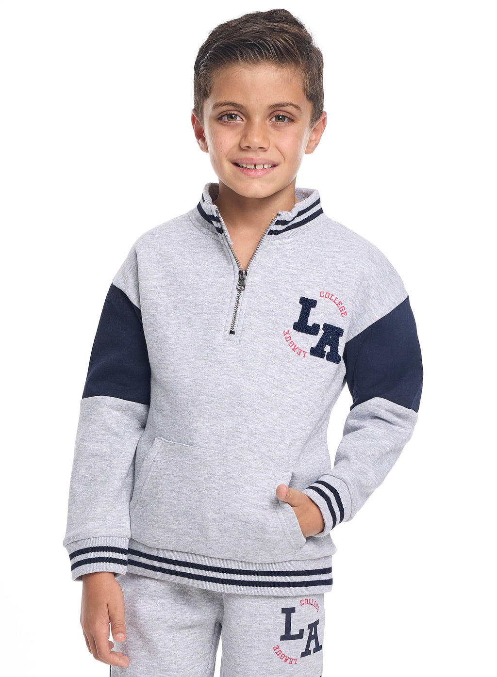 Victor And Jane Cotton La Patch & Printed Full Sleeves Zip Neck Varsity Sweatshirt & Joggers Co-Ord Set - Grey & Navy Blue