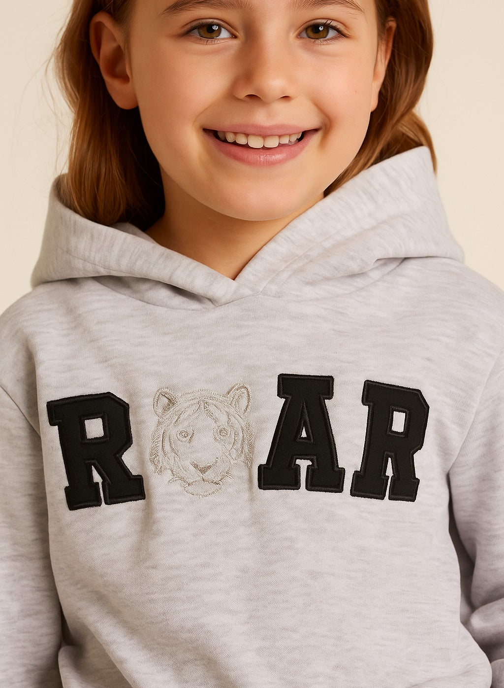 Girls Œroar” Tiger Fleece Hoodie “ Grey