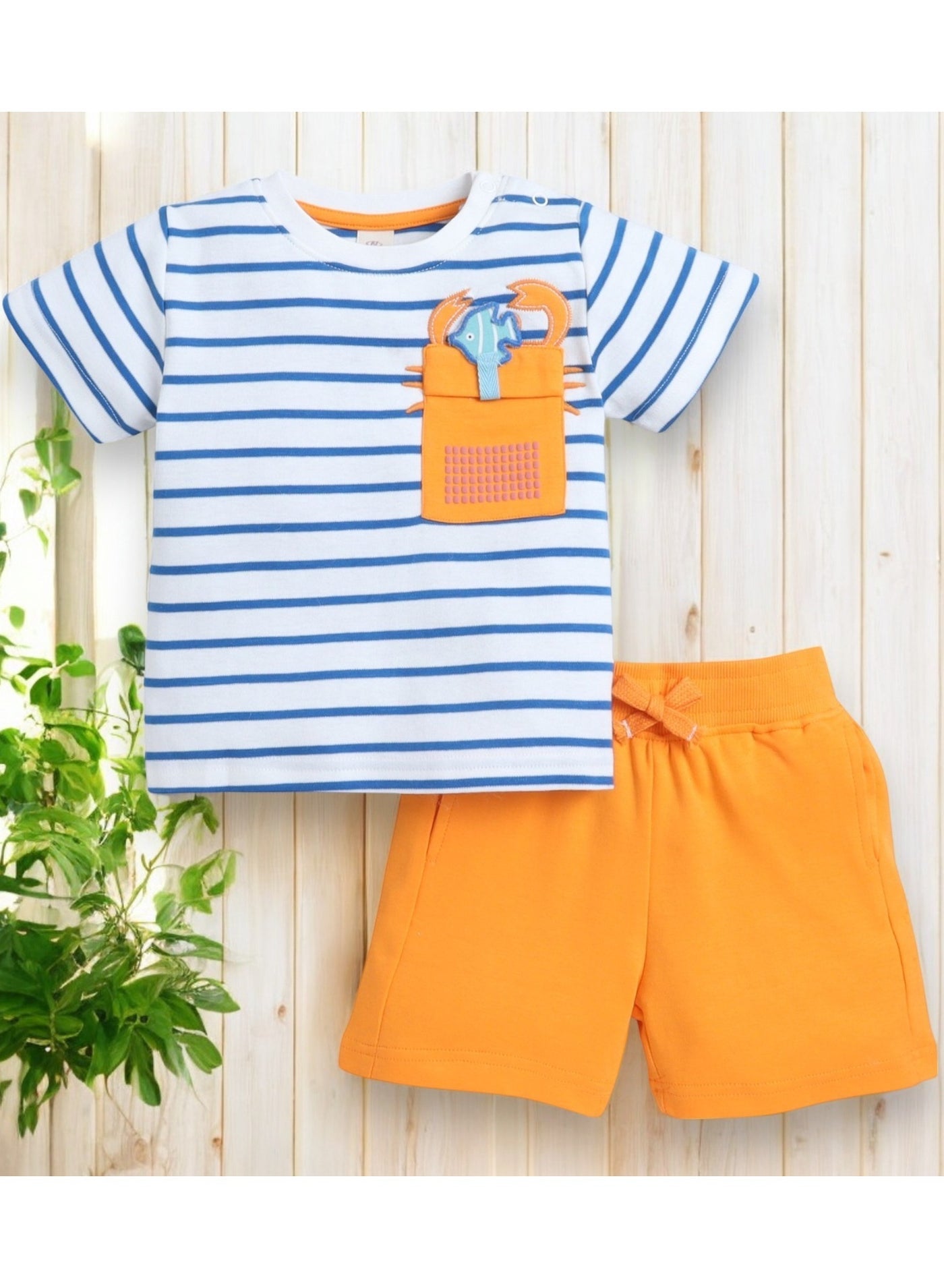 Victor and Jane Infant 2PC Set, Stripes T-Shirt with Cute Tiger Pocket And Blue Shorts