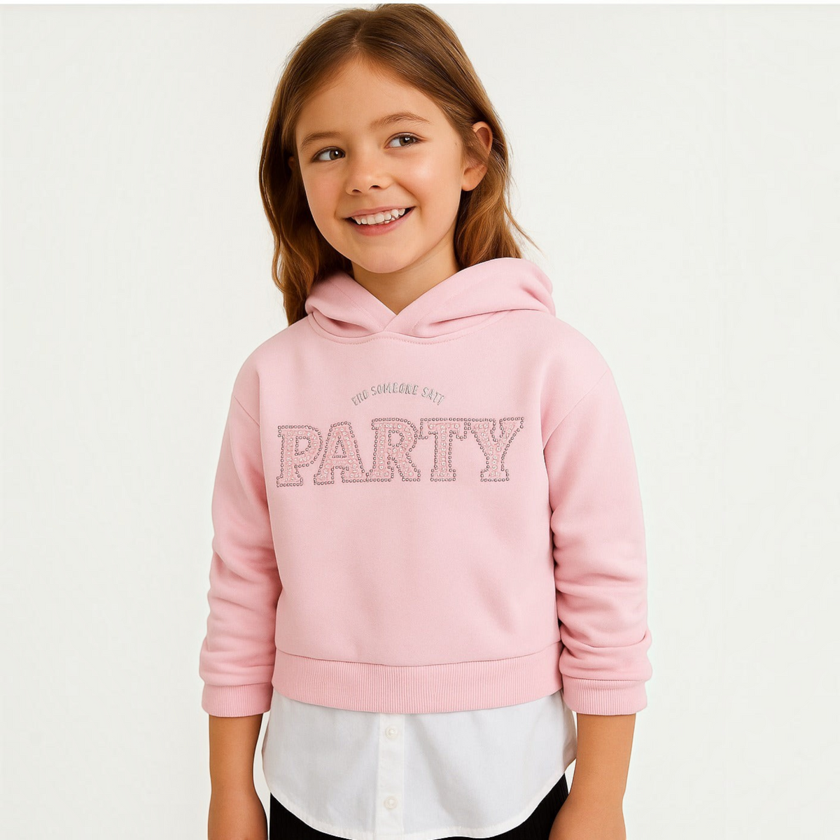 victor and jane girls light pink cropped hoodie with glittery PARTY text and white shirt hem detail