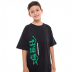 victor and jane black graphic t-shirt with green stylized text and barcode print worn by a young boy
