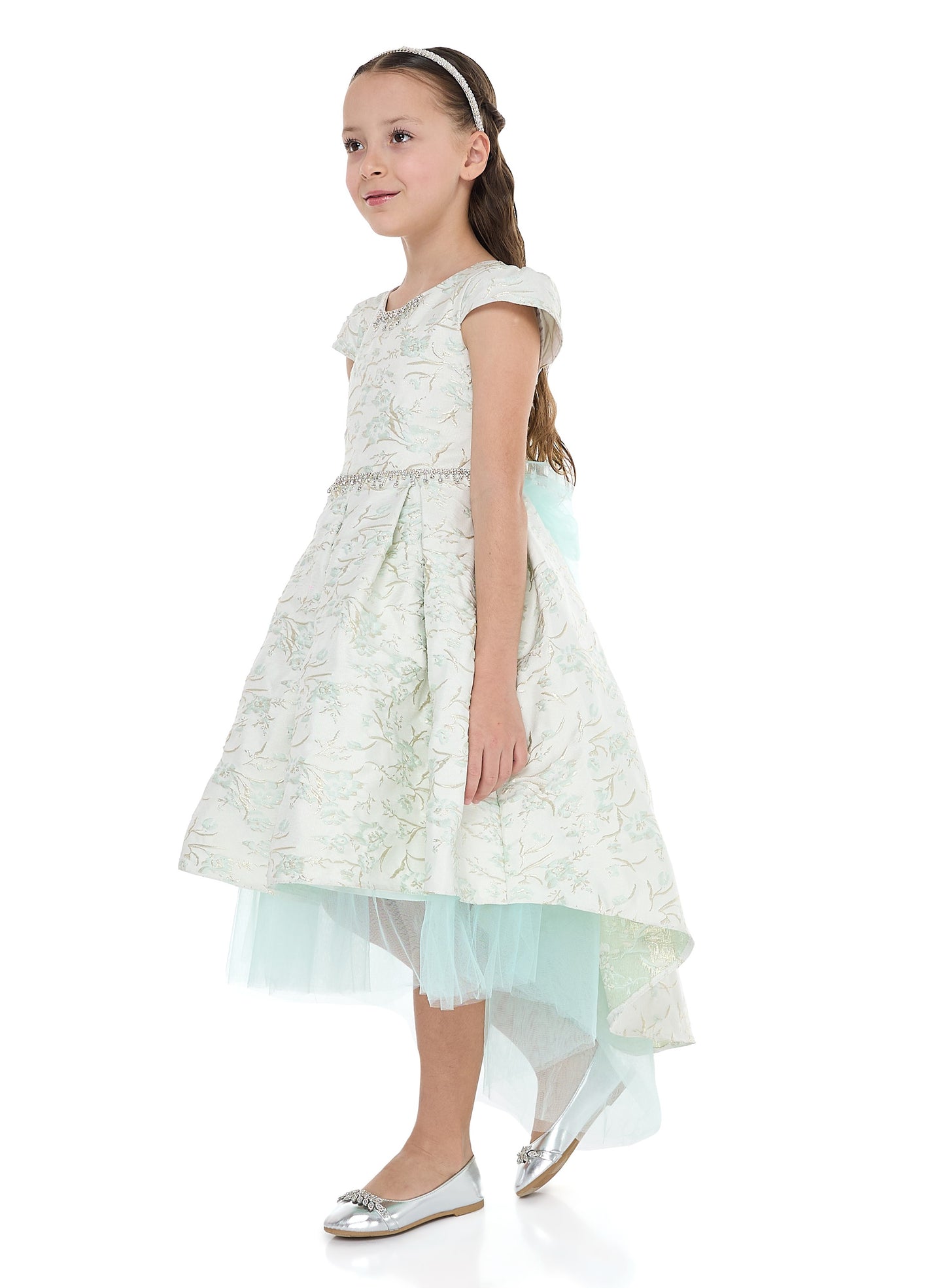 Mint Green/Gold Jacquard High Low Tail Dress With Tulle Mesh