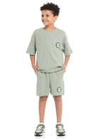 Oversized - Boys' Jacquard 2-Piece Set - T-Shirt With Badge Detail And Matching Shorts With Pockets,