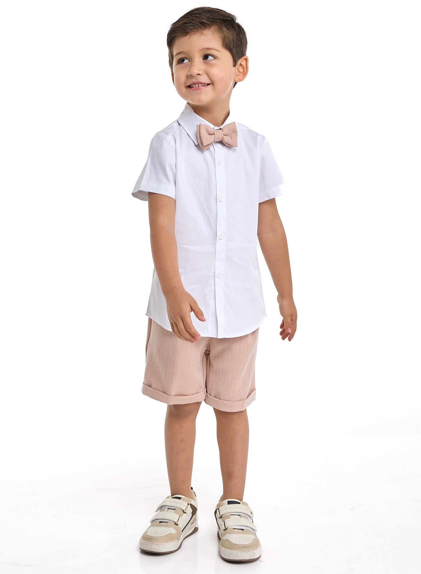 Salmon Color Waistcoat And Short Set With Shirt And Bow Tie