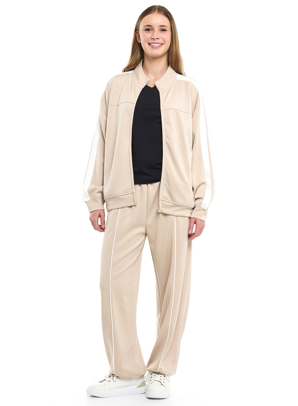 Ladies Beige Contrast-Stripe Track Set “ Zip-Up Jacket & Joggers