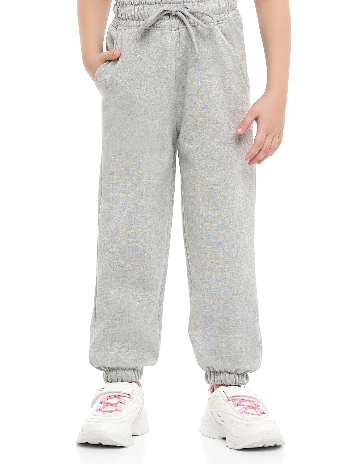 Girls Floral Sleeve Fleece Tracksuit – Light Grey 2-Piece Set
