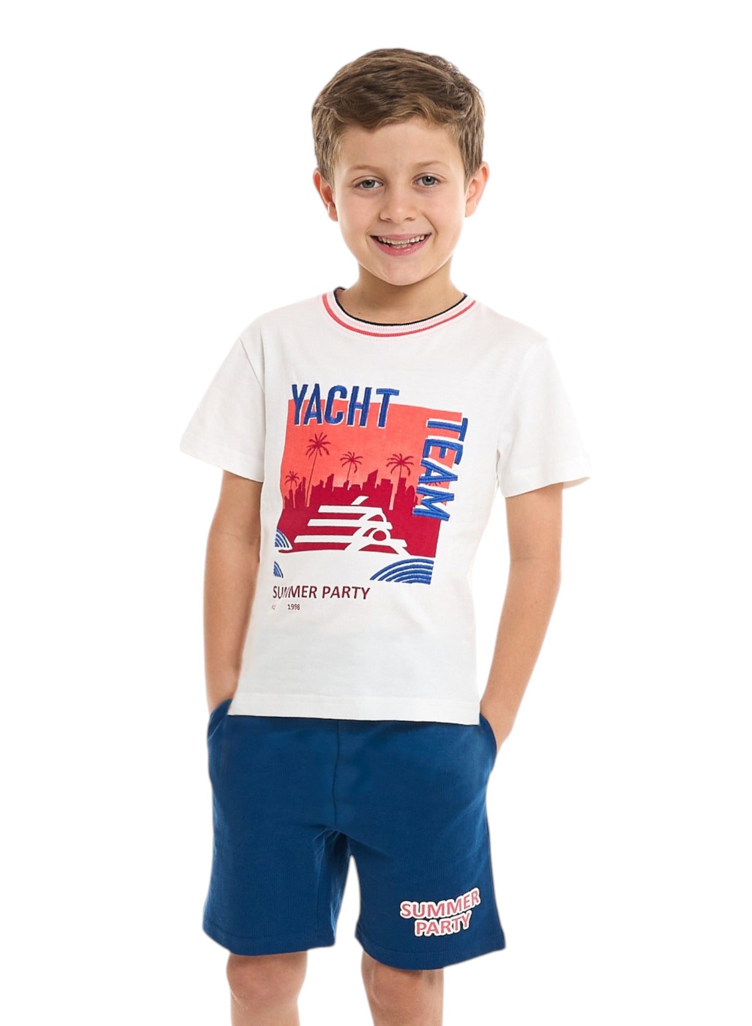 Victor And Jane Junior Boys' 2 Piece Sets With Matching Tshirt And Slogan Print Shorts And Elasticated Waist