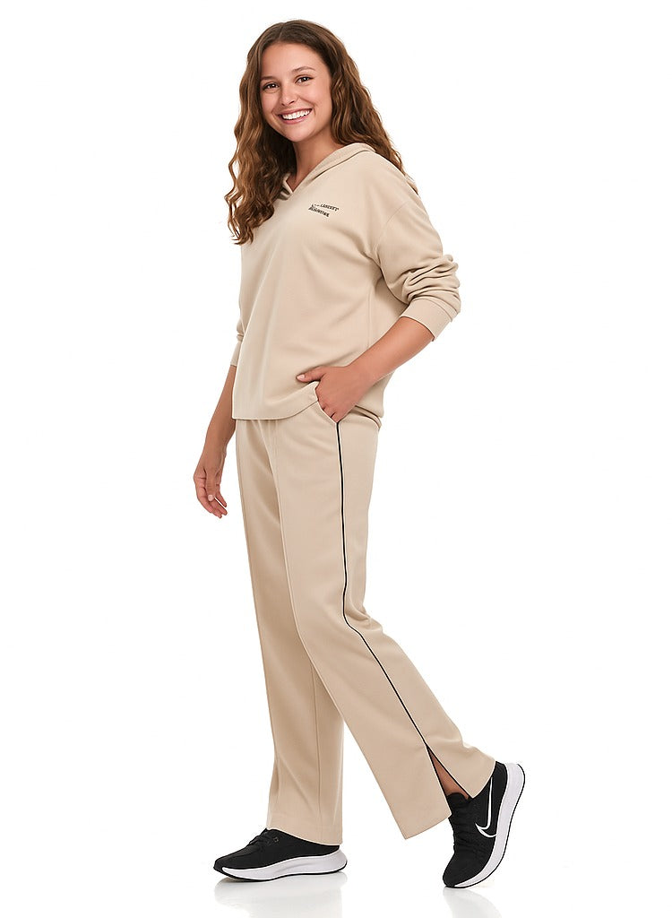 Girls 2 Piece Set - Snap-Hem Wide-Leg Trousers & Hoodie Set - Oatmeal