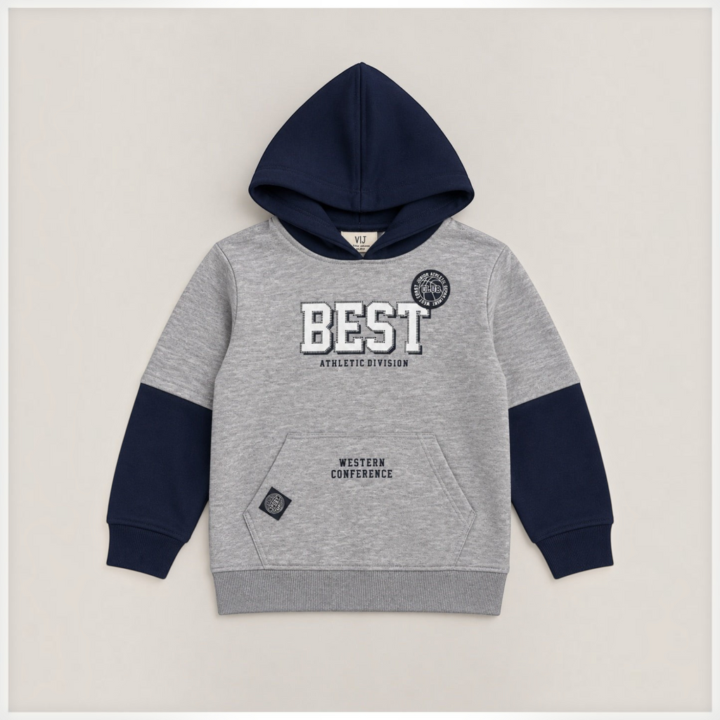 victor and jane girls grey and navy blue fleece hoodie with BEST athletic division graphic and front pouch pocket