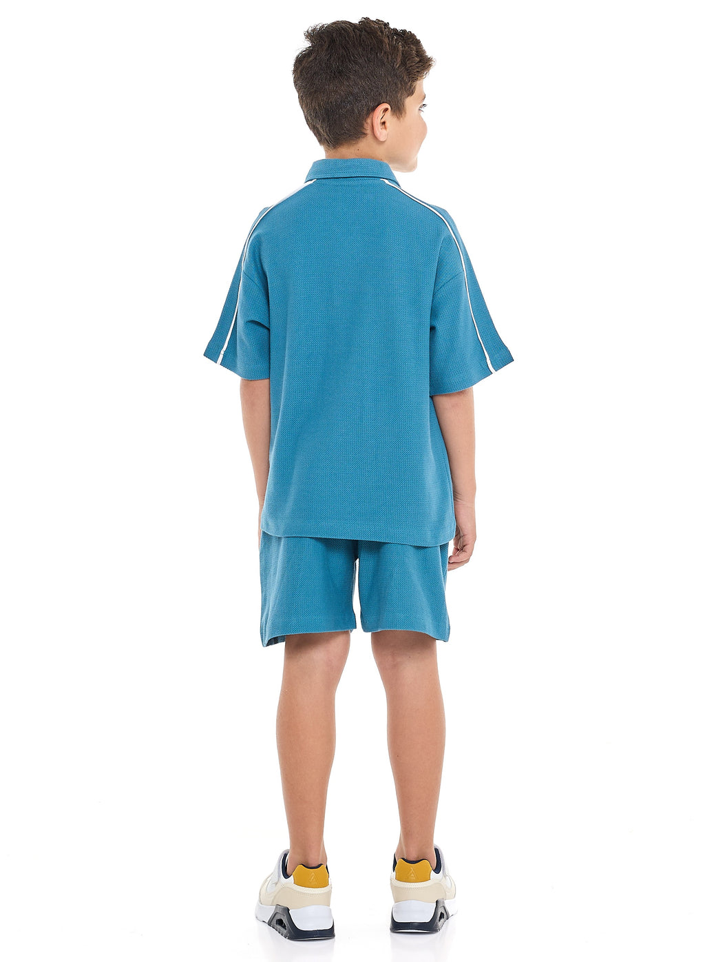 Regular Fit - Boys' Jacquard Teal 2-Piece Set - Half Zipper Polo T-Shirt And Matching Shorts With Pockets,