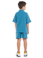 Regular Fit - Boys' Jacquard Teal 2-Piece Set - Half Zipper Polo T-Shirt And Matching Shorts With Pockets,