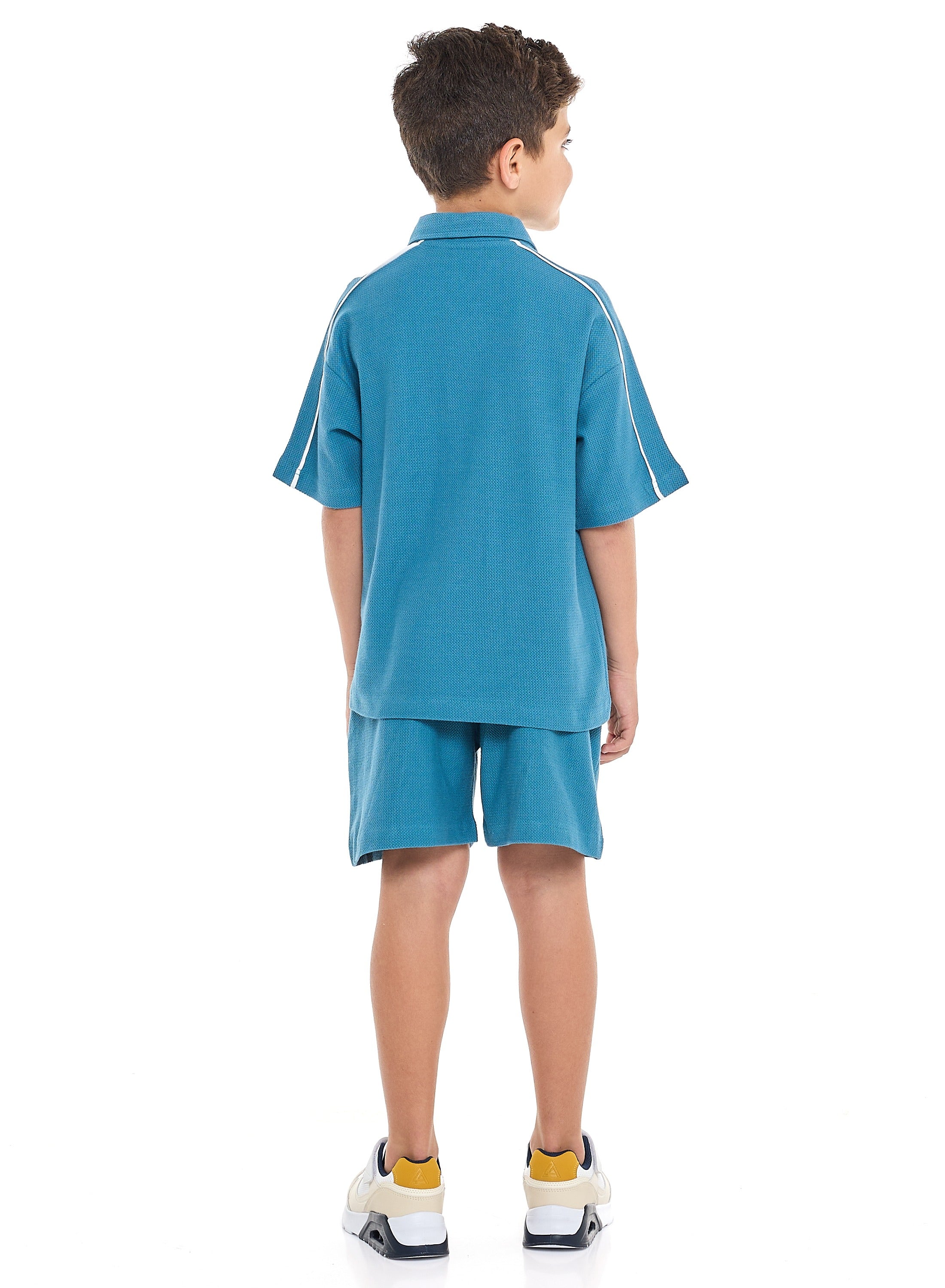 Regular Fit - Boys' Jacquard Teal 2-Piece Set - Half Zipper Polo T-Shirt And Matching Shorts With Pockets,