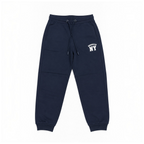 victor and jane navy blue fleece jogger pants with white Brooklyn NY graphic print and drawstring waist
