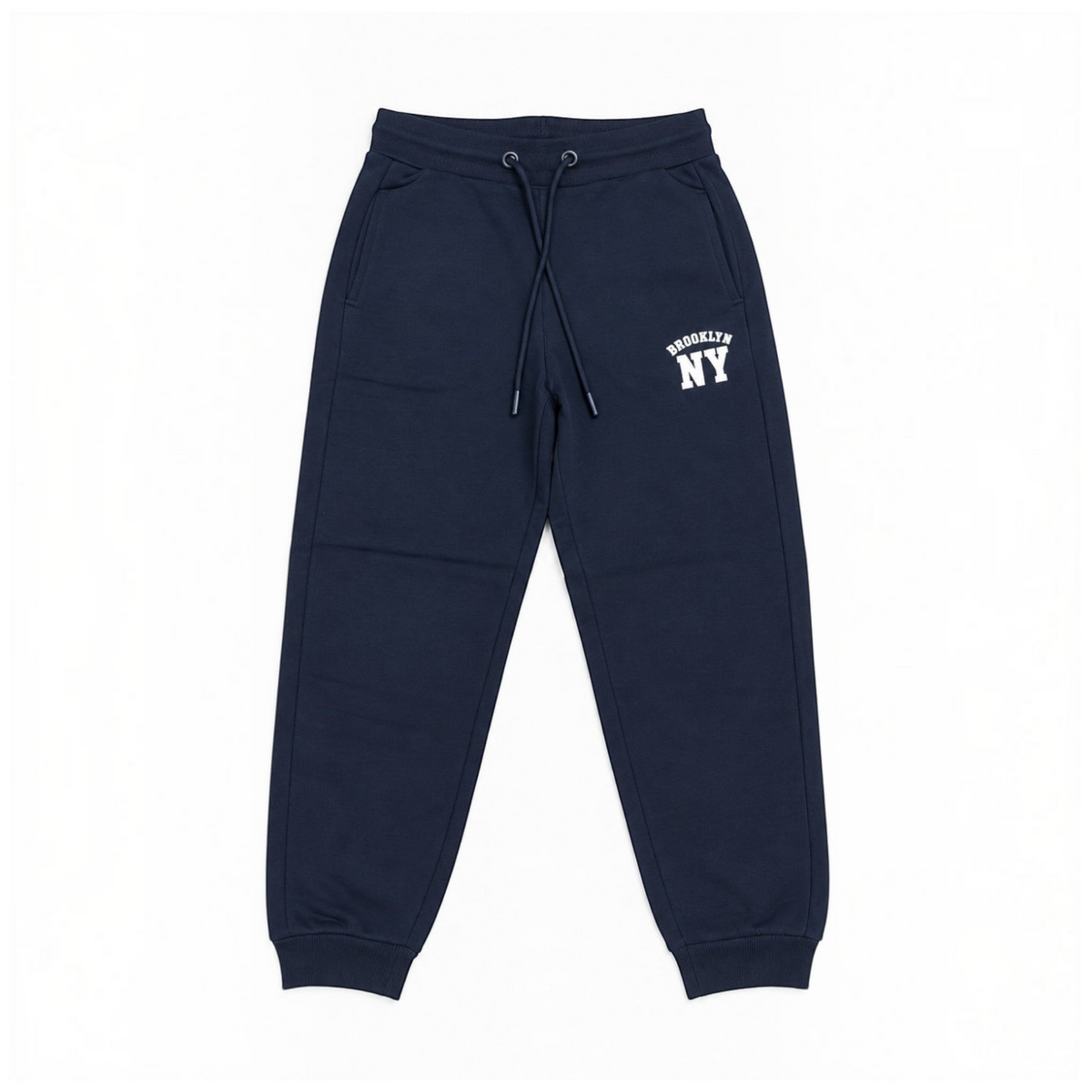 victor and jane navy blue fleece jogger pants with white Brooklyn NY graphic print and drawstring waist