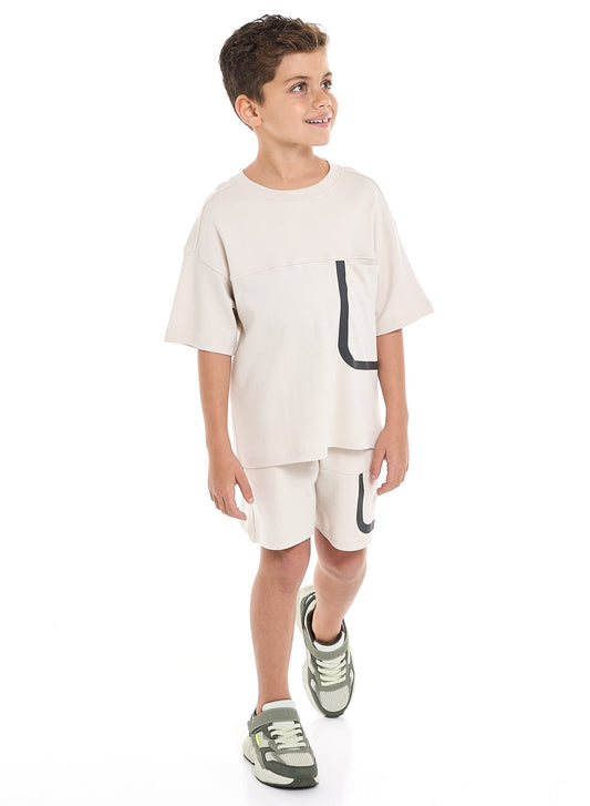 Boys' Jacquard Set – Beige Colour Striped Design with Textured Material