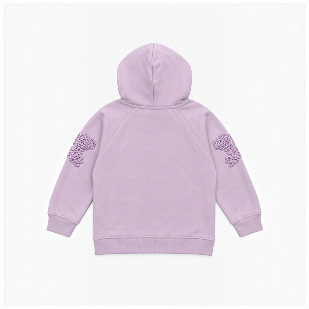 victor and jane girls lavender fleece hoodie with textured elbow patches, back view