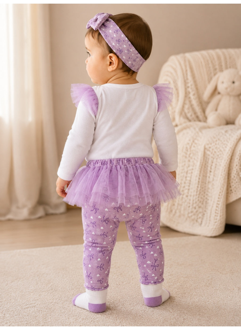 Baby Girls Long Sleeve Bodysuit and Tulle Skirt Leggings Set with Socks and Headband (4-Piece)