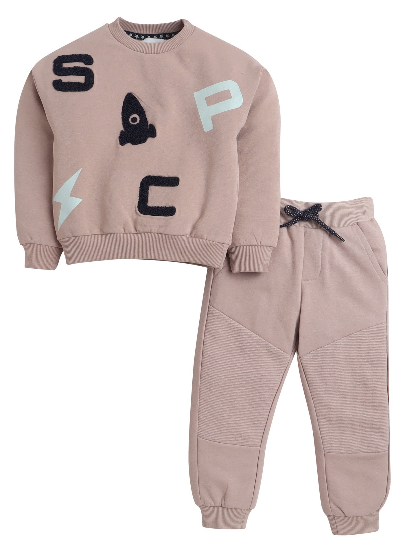 Dirkje Cotton Space Graphic & Patch Appliques Detailed Sweatshirt & Joggers Set - Sand