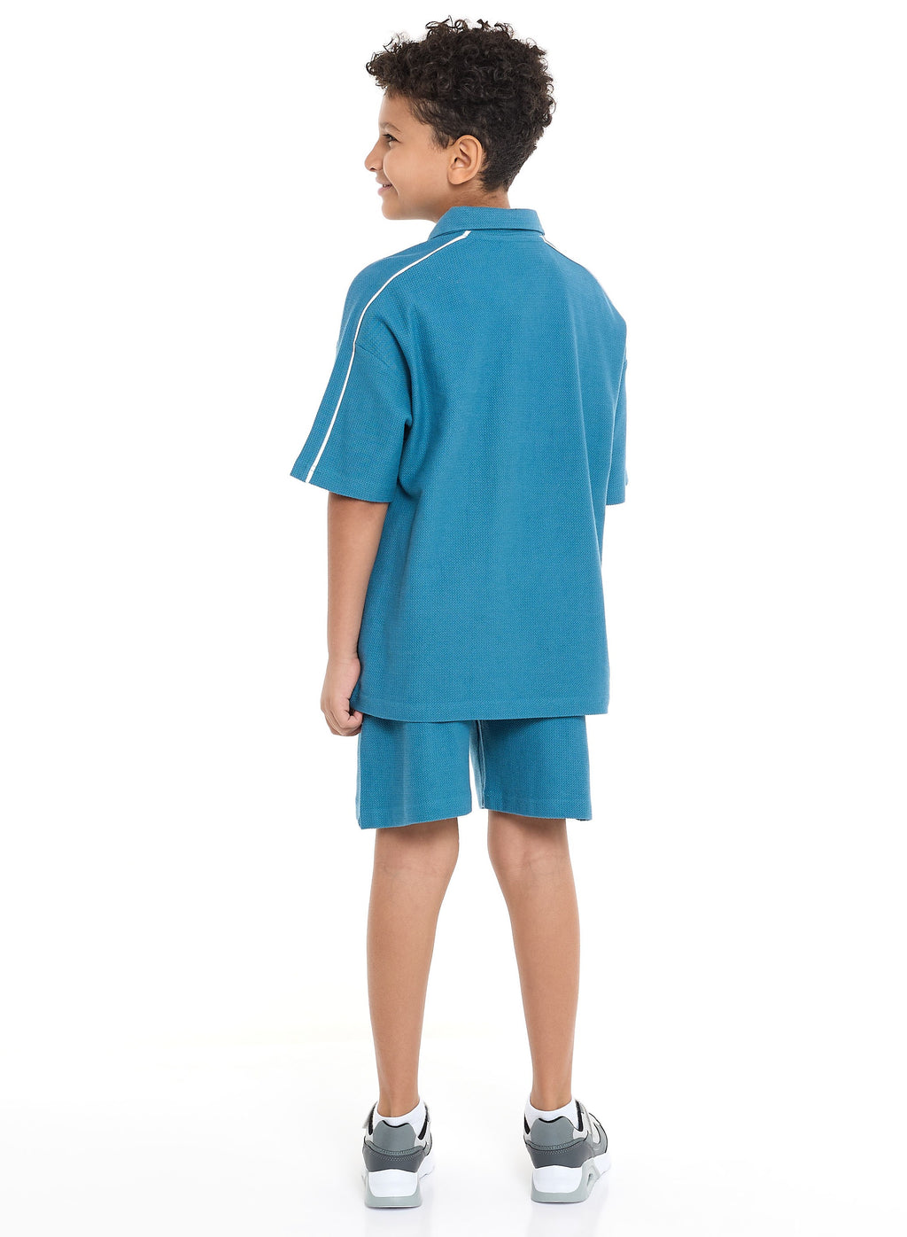 Victor And Jane Boys' Jacquard Set “ Teal 2-Piece Outfit With Pockets, Polo T-Shirt With Half  Zipper And Shorts