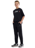 Kids Black Pullover Hoodie & Joggers Set With Œworld Explorer” Logo