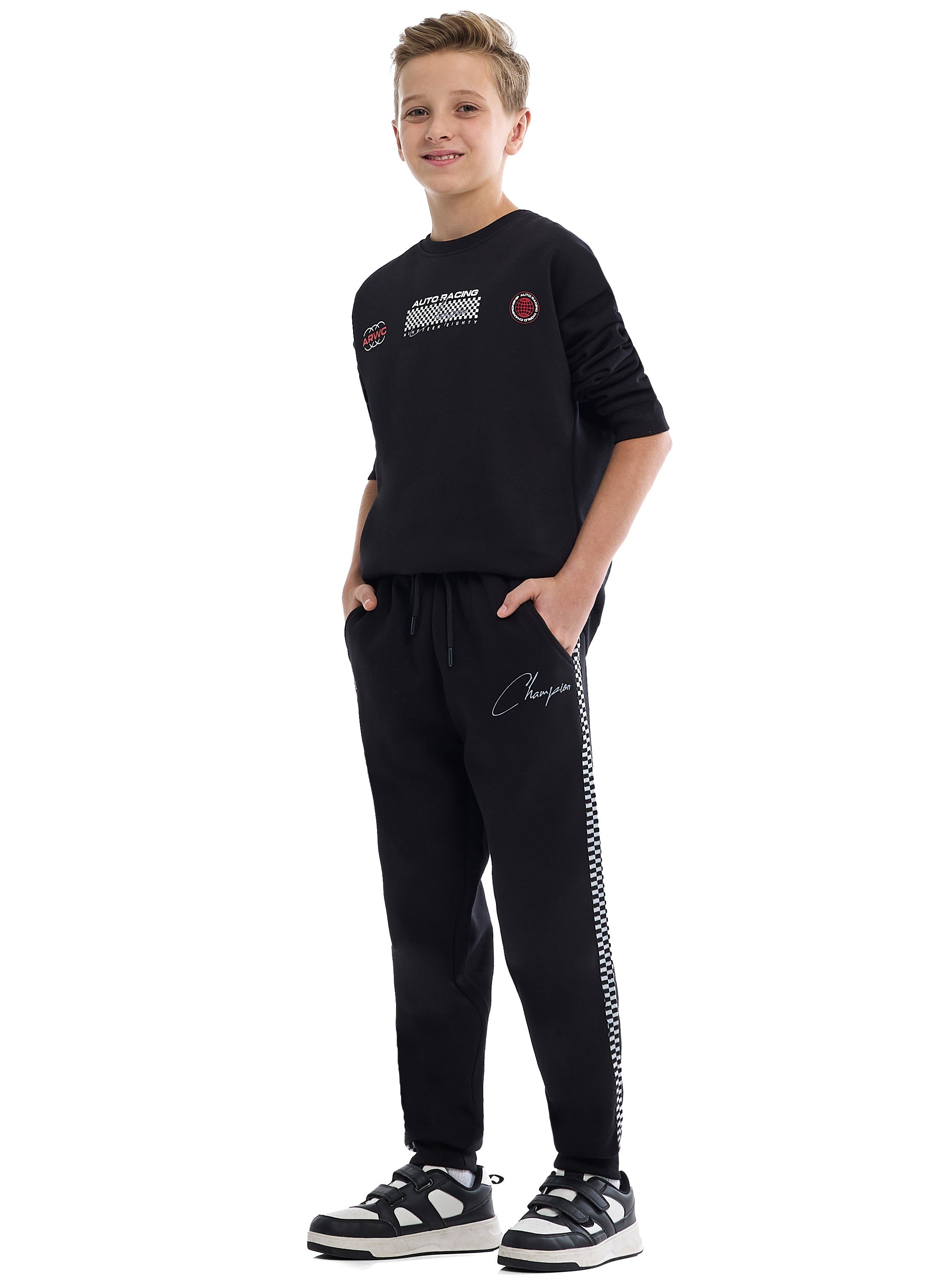 Kids Black Pullover Hoodie & Joggers Set With Œworld Explorer” Logo