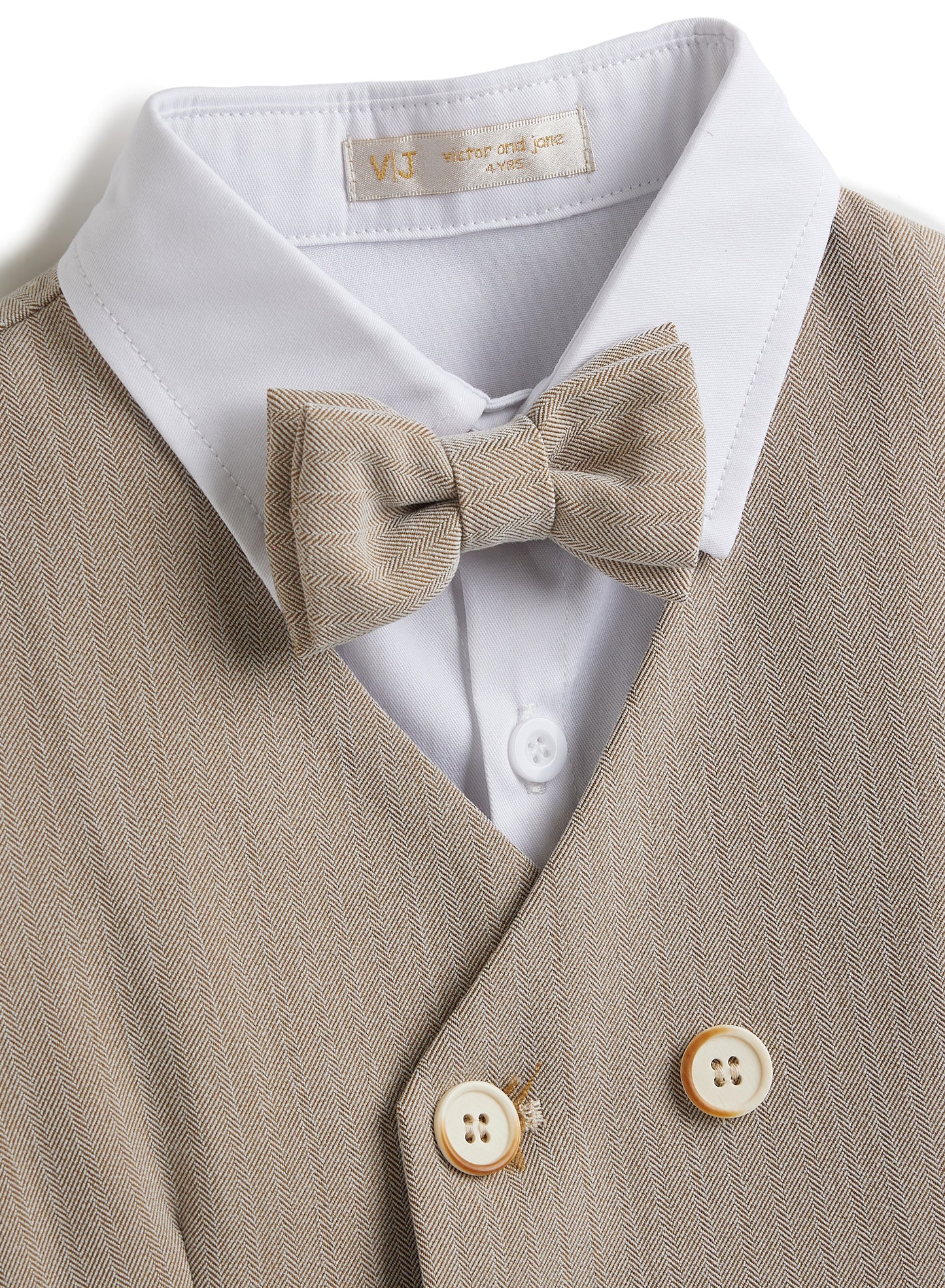 Ecru/Taupe Waistcoat And Pant Set With Shirt And Bow Tie