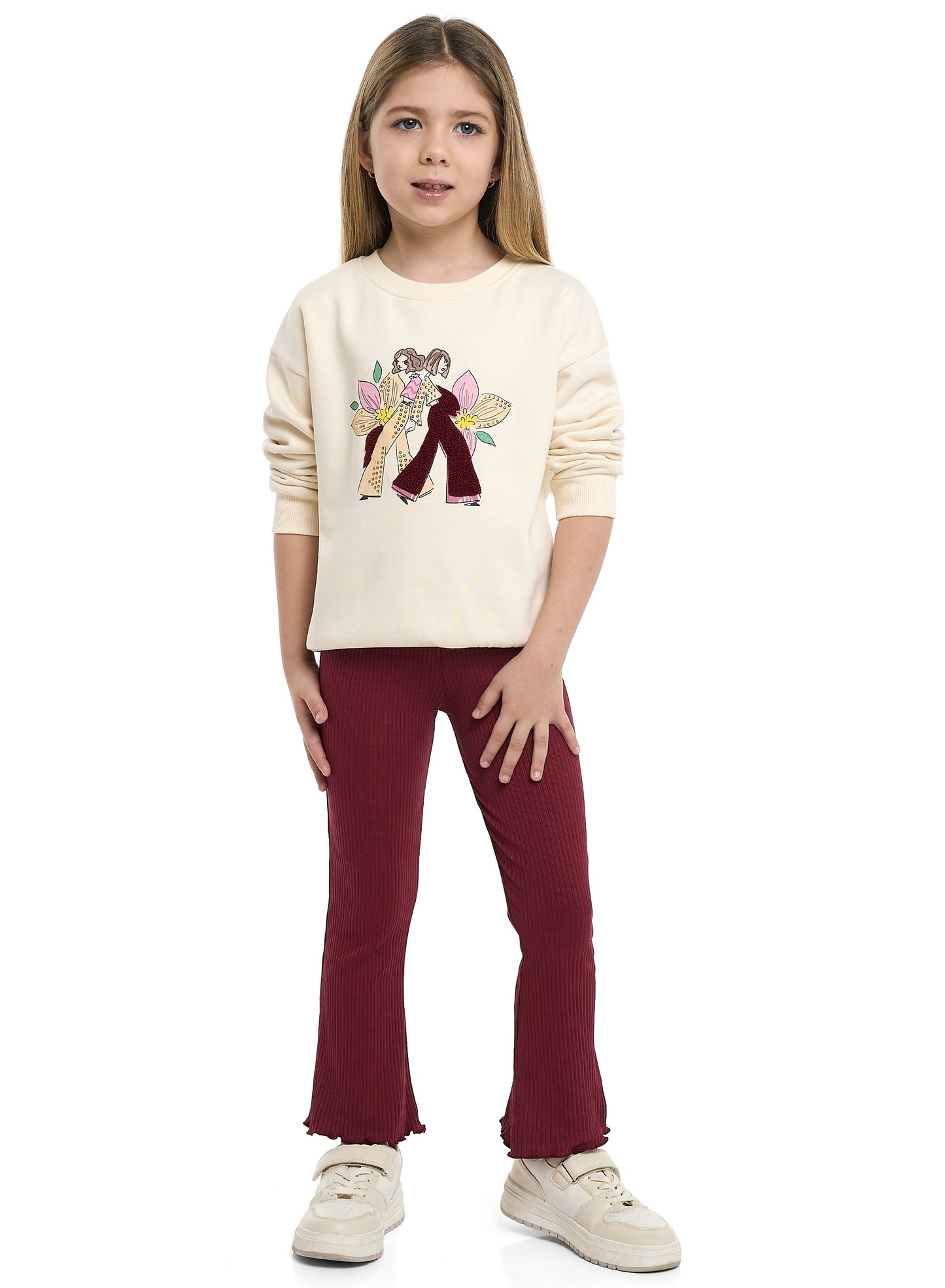 Girls Besties & Blooms Fleece Tracksuit – Cream & Plum 2-Piece Set