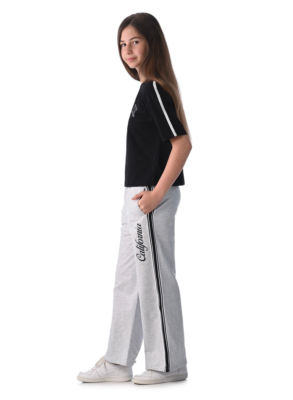 Victor And Jane Girls 2 Pc Set - Embellished Top With Matching Straight Pants With Tape Detail