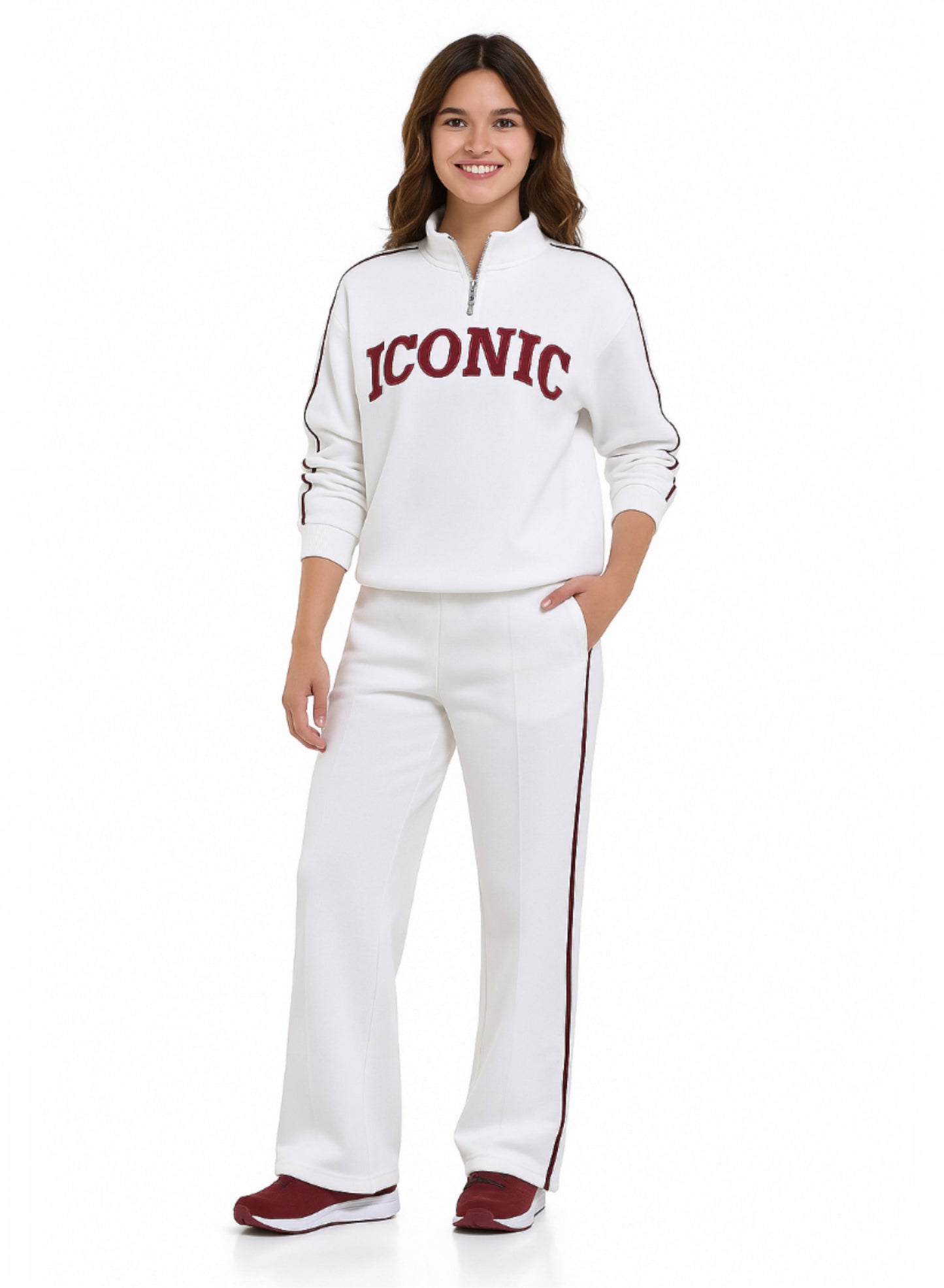ICONIC White & Maroon Half-Zip  Sweater & Wide-Leg Jogger Set