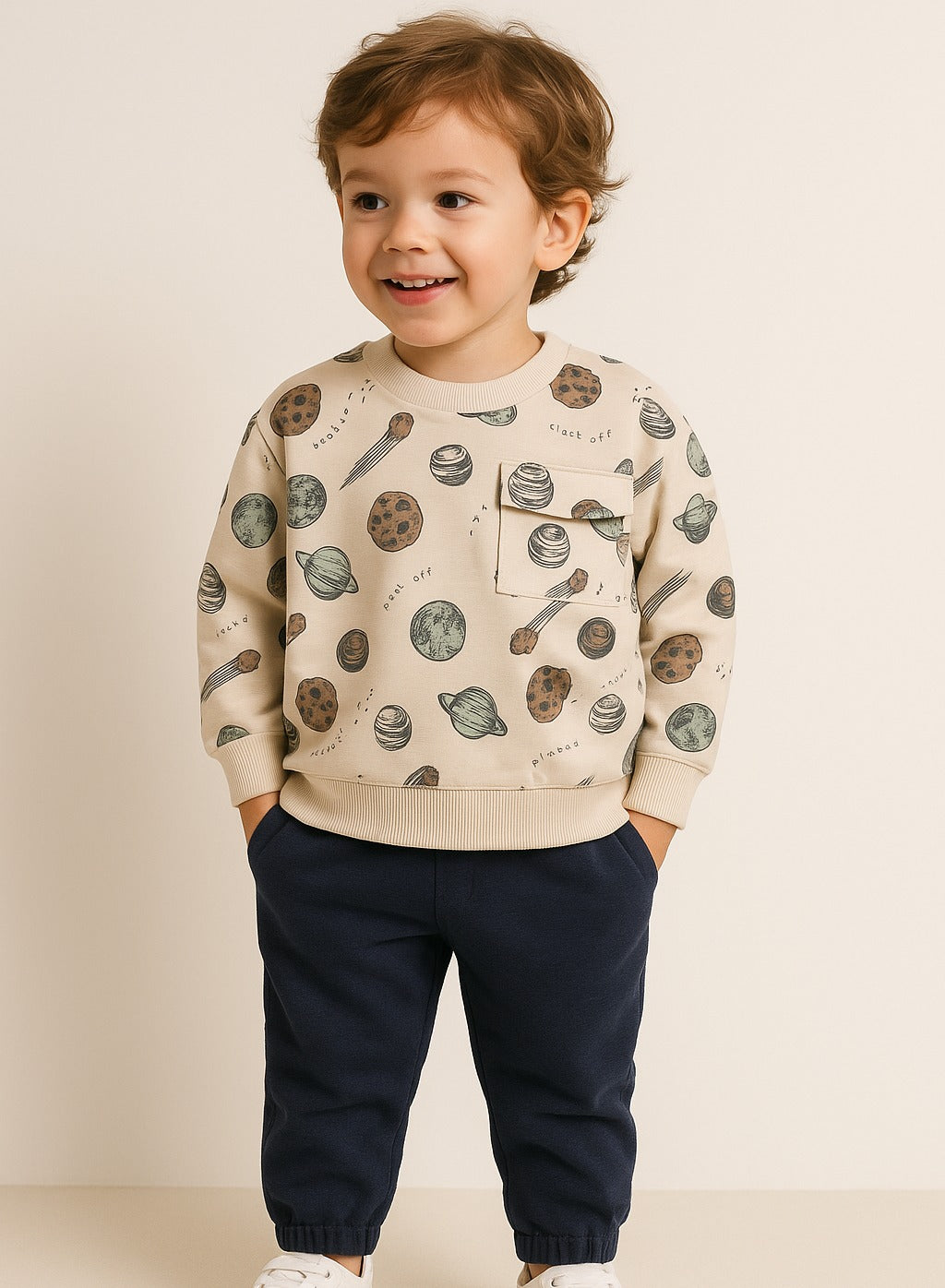 Dirkje Cotton Space Theme Print Full Sleeves Sweatshirt & Joggers Set - Off White/Navy