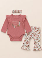 Baby Girls Long Sleeve Bodysuit and Floral Pants Set with Headband (3-Piece)